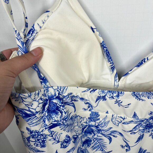 Kona Sol White with Blue Floral Toile Pattern Adjustable One Piece Swimsuit Sz L - Picture 7 of 9